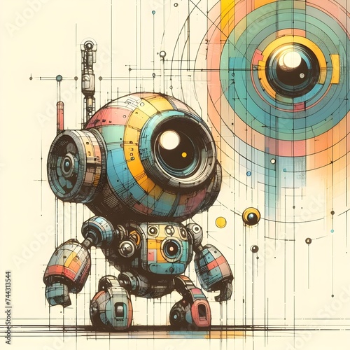 Minimalist painting of sci-fi cute robot design. 