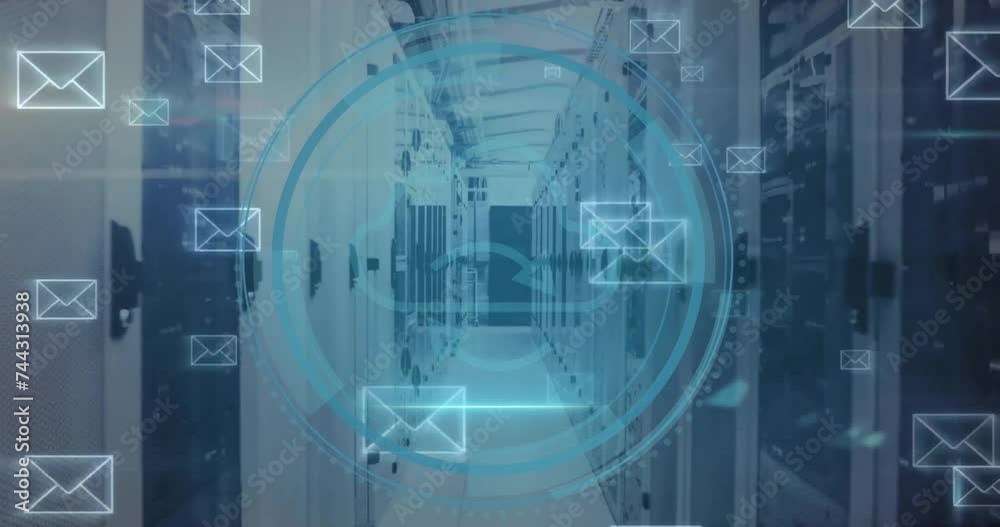 Animation of cloud icon and digital data processing over computer servers Animation of cloud icon and digital data processing over computer servers