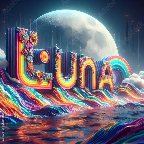 Text LUNA with mexican style multicolor letters and multicolor waves of water. photo