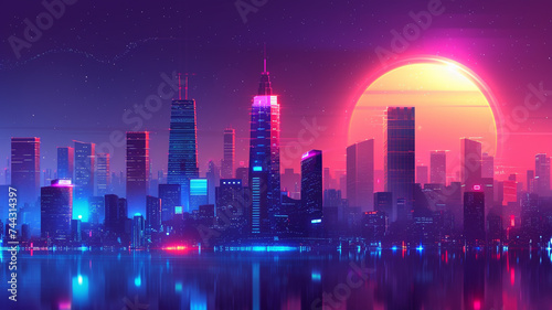 A futuristic cyberpunk cityscape with neon lights and towering skyscrapers, capturing the essence of urban cool for a sleek and modern t-shirt. © memoona