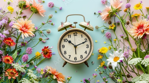A vintage alarm clock surrounded by a vibrant array of spring flowers