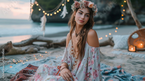 A flowy and romantic look with a floral maxi dress accessorized with a flower crown and laceup sandals. This outfit is perfect for a beach party with a dreamy and ethereal photo