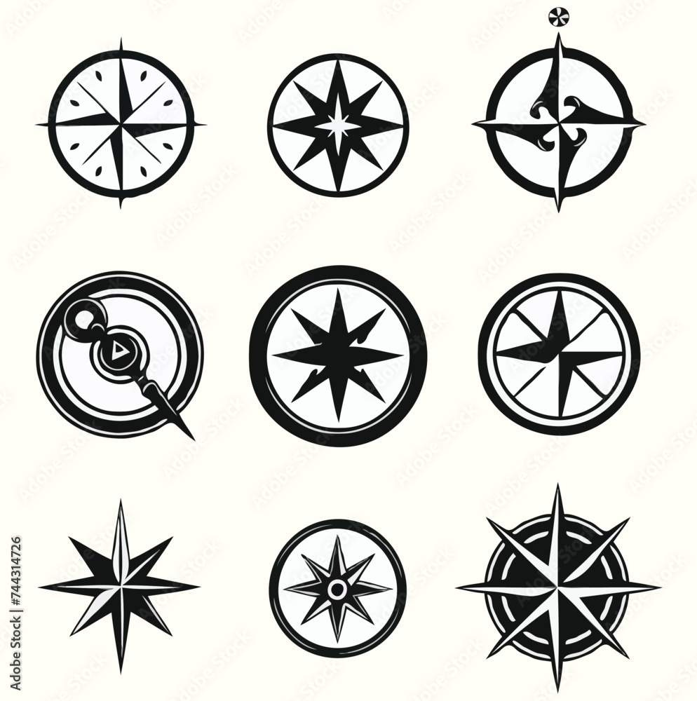 Vector compilation of solid black vector shape minimalistic logo heraldic compasses vector on white back