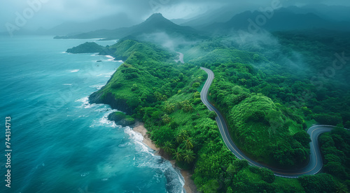 Aerial view of a winding road along a foggy coastline with lush green cliffs and ocean,ai generated