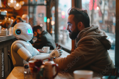 A man having a good time talking with ai robot friend in cafe