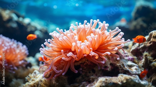 An orange sea anemone floating in the ocean water © Media Srock
