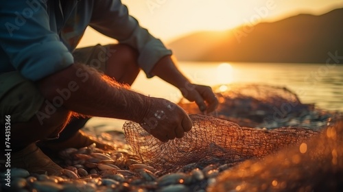 Anonymous man hand untangling fishing net threads to catch fish 