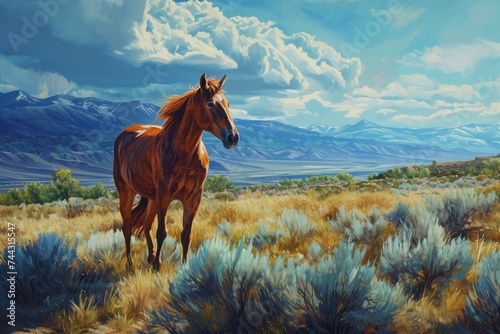 Riderless mustang horse. Freedom wild equestrian beautiful horse. Generate ai