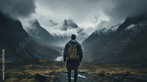 Anonymous tourist standing on rocky mountains under stormy sky © Media Srock