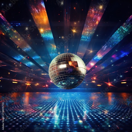 A disco dance floor with a disco mirror ball hanging in the background, neon led light reflection, retro 80s and 90s party. Dj stage in an empty club