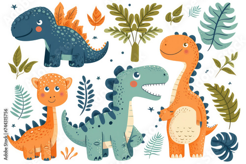 Cute hand drawn dinosaurs and tropical plants. Dino collection for kids