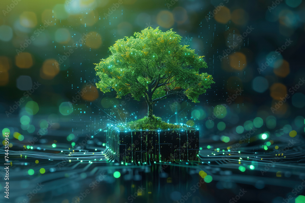 Tree growing on Circuit digital cube. Digital and Technology Convergence. Blue light and Wireframe network background. Green Computing Tree growing on Circuit digital cube. Digital and Technology Convergence. Blue light and Wireframe network background. Green Computing