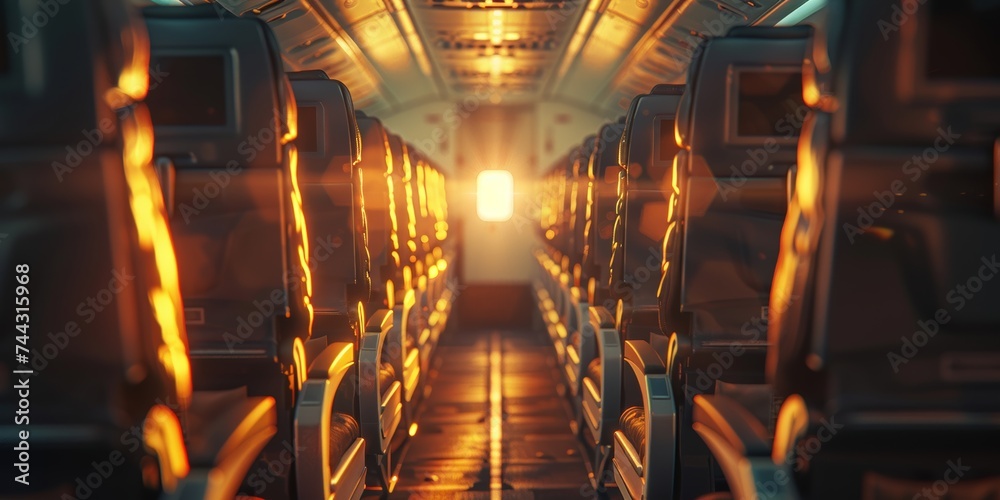 Empty passenger plane interior bathed in sunlight with luxurious leather seats. - obrazy, fototapety, plakaty 