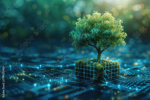 Tree growing on Circuit digital cube. Digital and Technology Convergence. Blue light and Wireframe network background. Green Computing