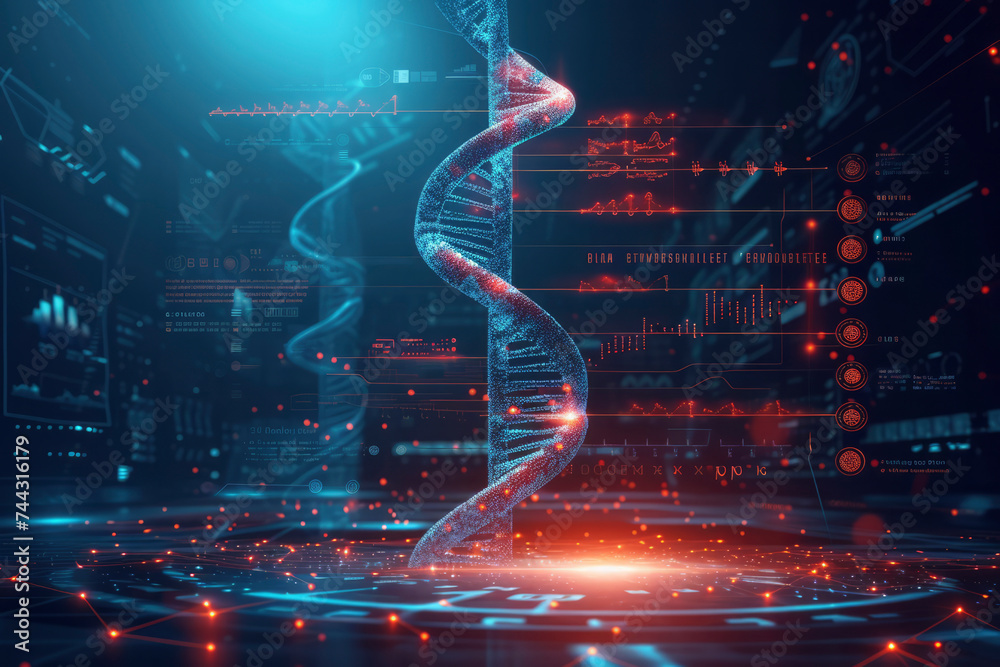 DNA formula research and full analysis with the obtained data in a futuristic laboratory with a HUD interface