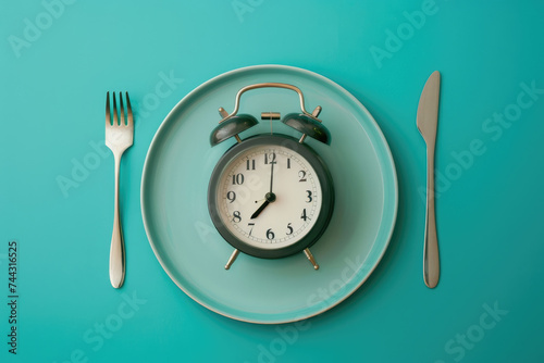 alarm clock on plate with cutlery set on teal background. weight loss, diet or fasting concept
