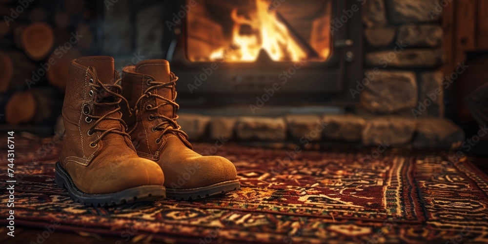 Cozy leather boots by warm fireplace with ornate rug, embodying comfort and rustic charm