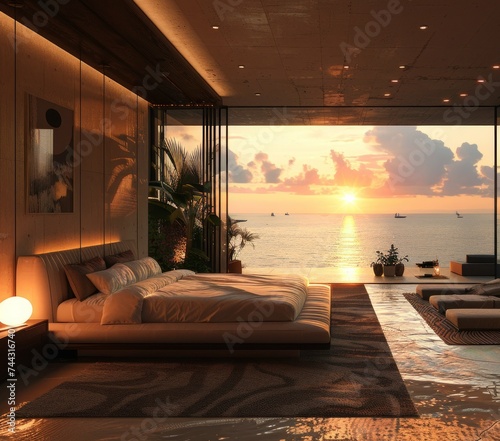 Luxurious minimalist bedroom in a villa with bigh panoramic windows and a s beautiful ocean view, sunsetting scene with cinematography effects. © Kuo