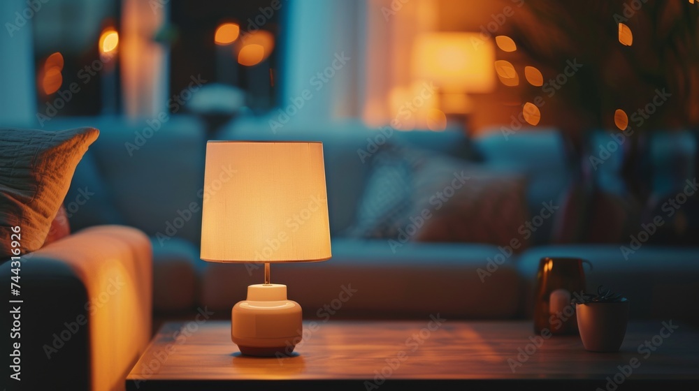 Blurred interior glowing table lamp on coffee table near sofa Blurred interior glowing table lamp on coffee table near sofa