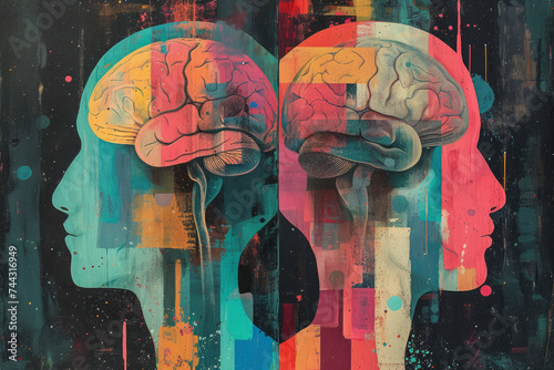 montage made from two different vectorised acrylic paintings and vector elements showing two heads with brain each one looking into opposite direction photo