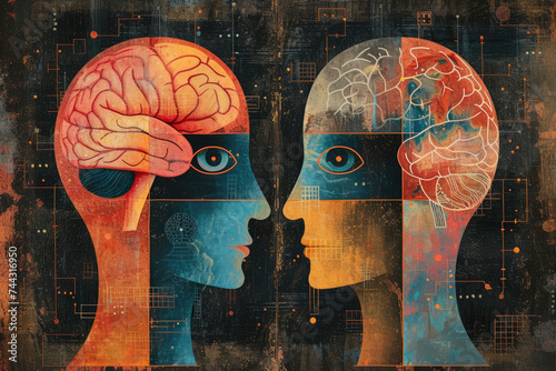 montage made from two different vectorised acrylic paintings and vector elements showing two heads with brain each one looking into opposite direction photo