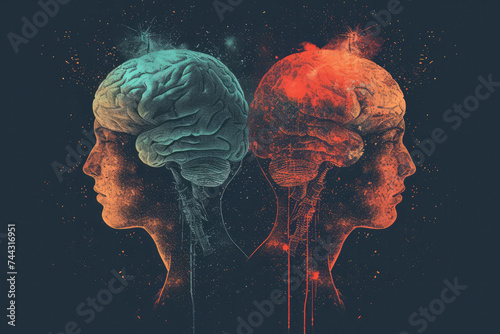 montage made from two different vectorised acrylic paintings and vector elements showing two heads with brain each one looking into opposite direction