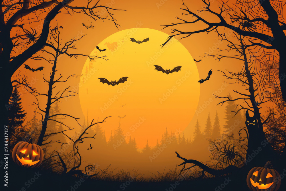 mpty circle orange for your graphic decorated with Pumpkin, Bats, and spider webs on Moon and ghost scene background