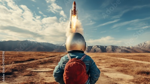 Fototapeta Naklejka Na Ścianę i Meble -  Boy riding space rocket in the sky