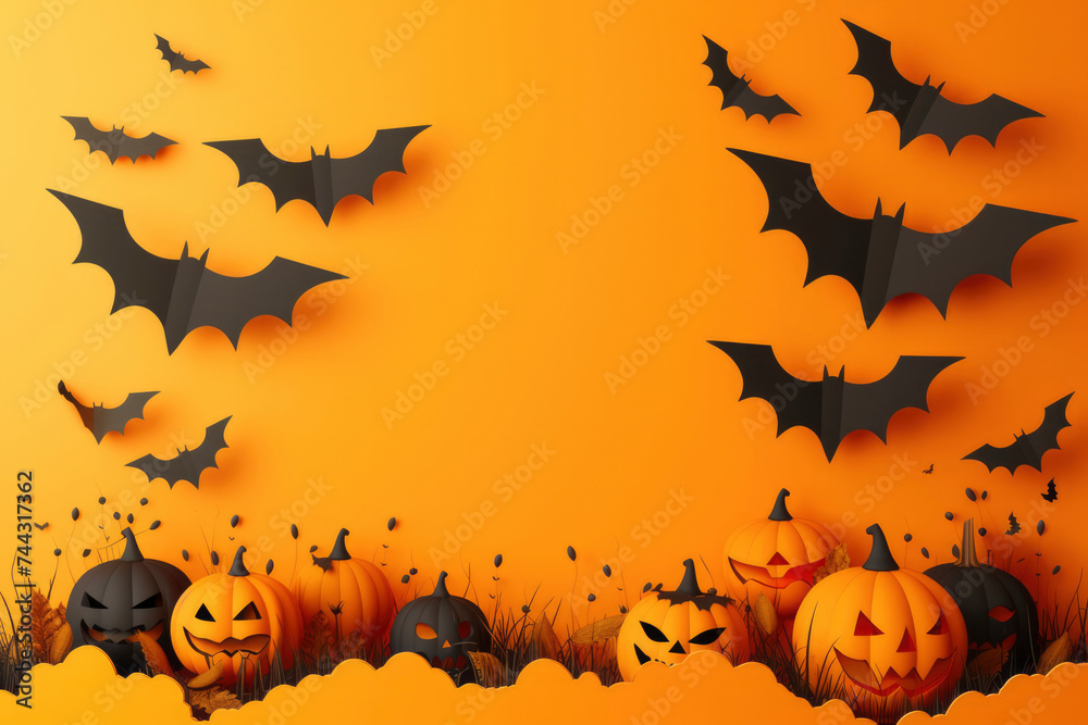 Fototapeta premium 3d Paper art of Happy halloween banner background and podium platform template
