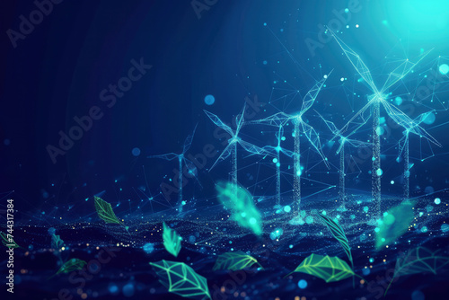 Alternative eco energy concept with glowing low polygonal leaves and wind turbines farm on dark blue background. © surassawadee