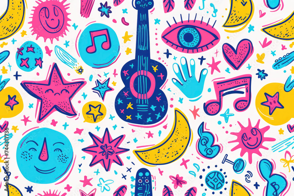 Peace, Love, and Music Seamless Pattern Groovy Notebook Doodle Design