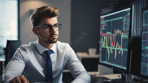 Portrait of Young Handsome Stock Exchange Broker Working on a Computer, Researching Real-Time Stocks Data, Analyzing Commodities and Exchange Market Charts. Professional Investment Agent in Office