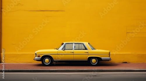 Yellow retro car parked on asphalt road near red wall in city