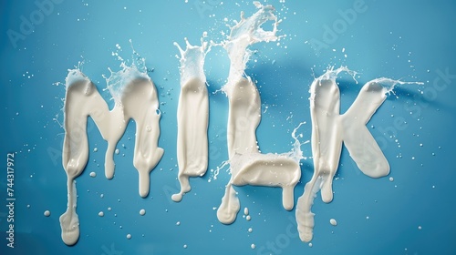 The word milk made from splashing milk. Blue background