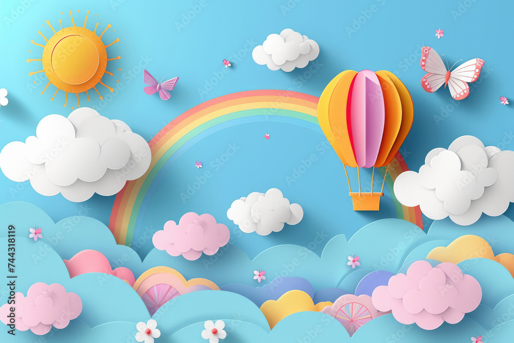 Beautiful fluffy clouds on blue sky background with summer sun, butterfly, hot air balloons and rainbow Beautiful fluffy clouds on blue sky background with summer sun, butterfly, hot air balloons and rainbow