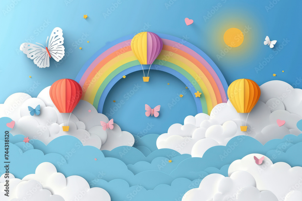 Beautiful fluffy clouds on blue sky background with summer sun, butterfly, hot air balloons and rainbow