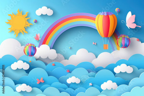 Beautiful fluffy clouds on blue sky background with summer sun  butterfly  hot air balloons and rainbow