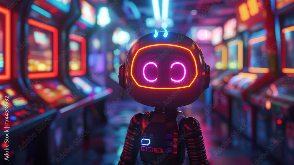 A neon-lit retro arcade game character, pixelated and vibrant, ready to add a nostalgic touch to your t-shirt design.