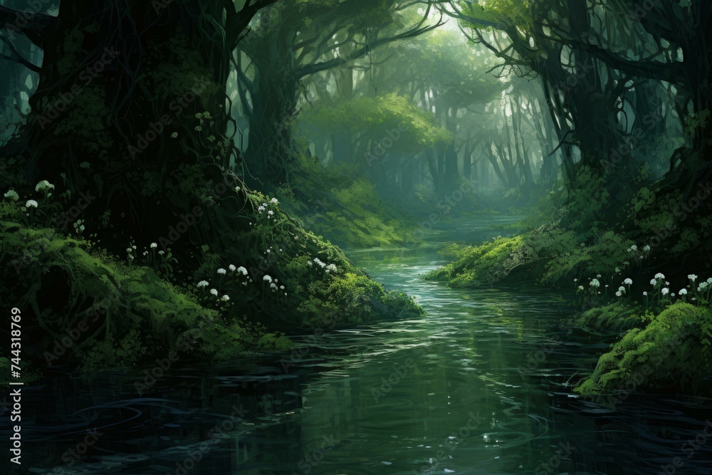 River aerial green hills. Sunny forest. Generate Ai River aerial green hills. Sunny forest. Generate Ai
