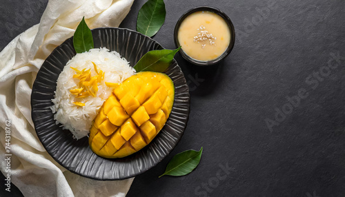 top view of Mango with stickey rice, thai dessert, copy space photo