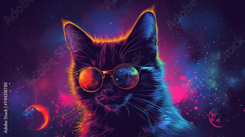 A psychedelic space cat wearing cosmic sunglasses, surrounded by swirling galaxies and cosmic vibes for a quirky and eye-catching t-shirt graphic.