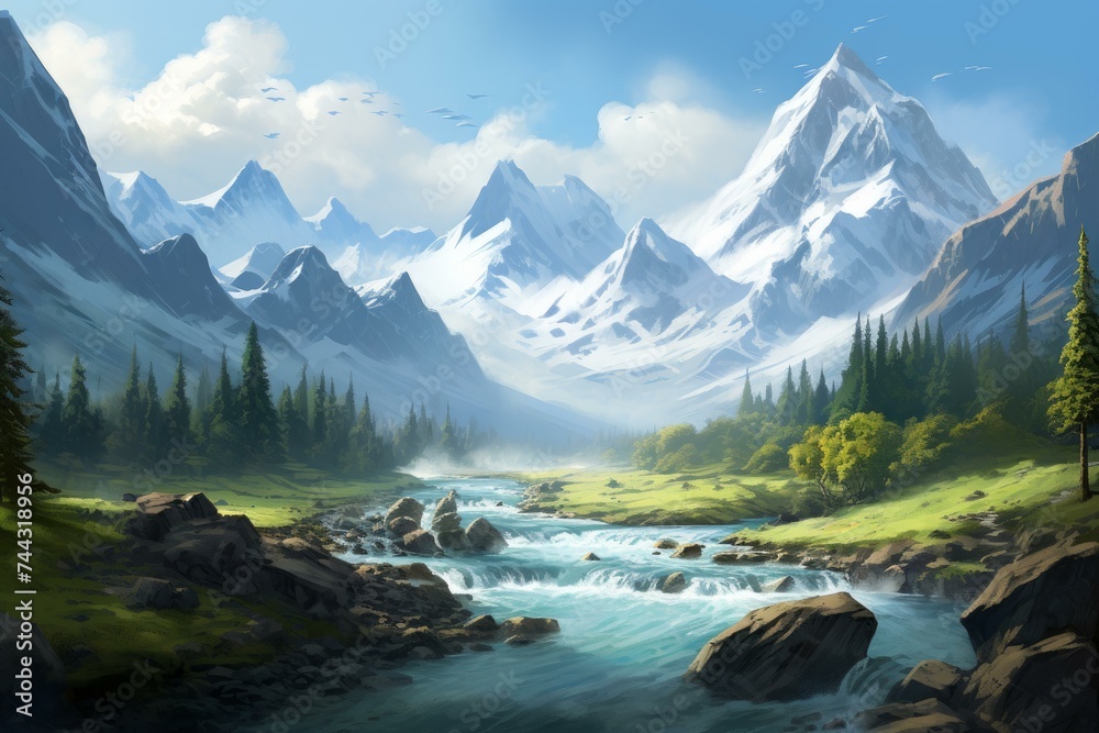 River aerial hills view. Sunny vacation. Generate Ai River aerial hills view. Sunny vacation. Generate Ai