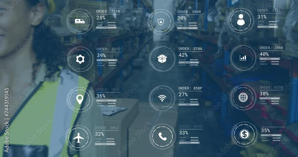 Animation of digital data processing over biracial man working in warehouse