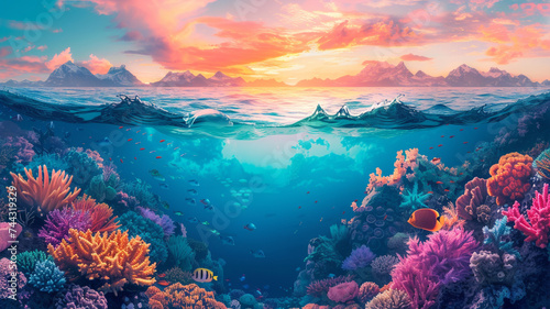 A serene underwater scene with colorful coral reefs and exotic fish, capturing the beauty of the ocean for a tranquil and nature-inspired t-shirt graphic.