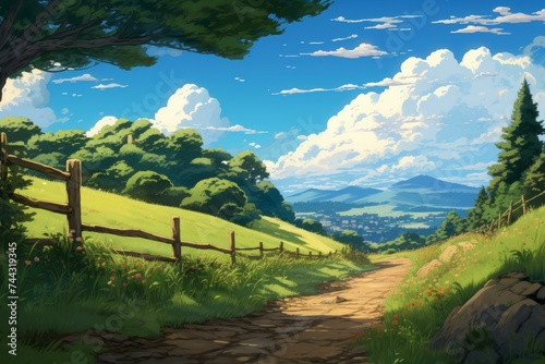 Road view anime visual novel game. Tree summer. Generate Ai photo