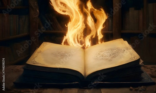 An open grimoire engulfs in powerful flames on an ancient wooden desk, with scribbles and sketches adorning its pages. The book's fiery magic seems to dance with the quiet of the scholarly background.