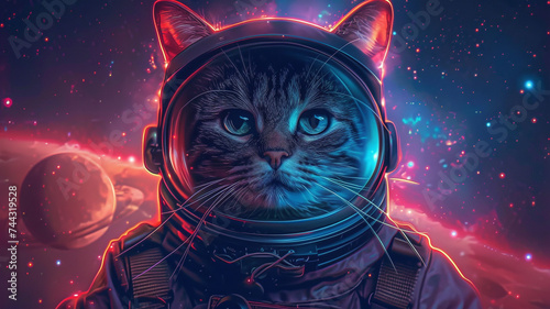 A surreal cosmic cat, wearing astronaut gear, exploring the galaxy with an otherworldly charm perfect for a cosmic-themed t-shirt.