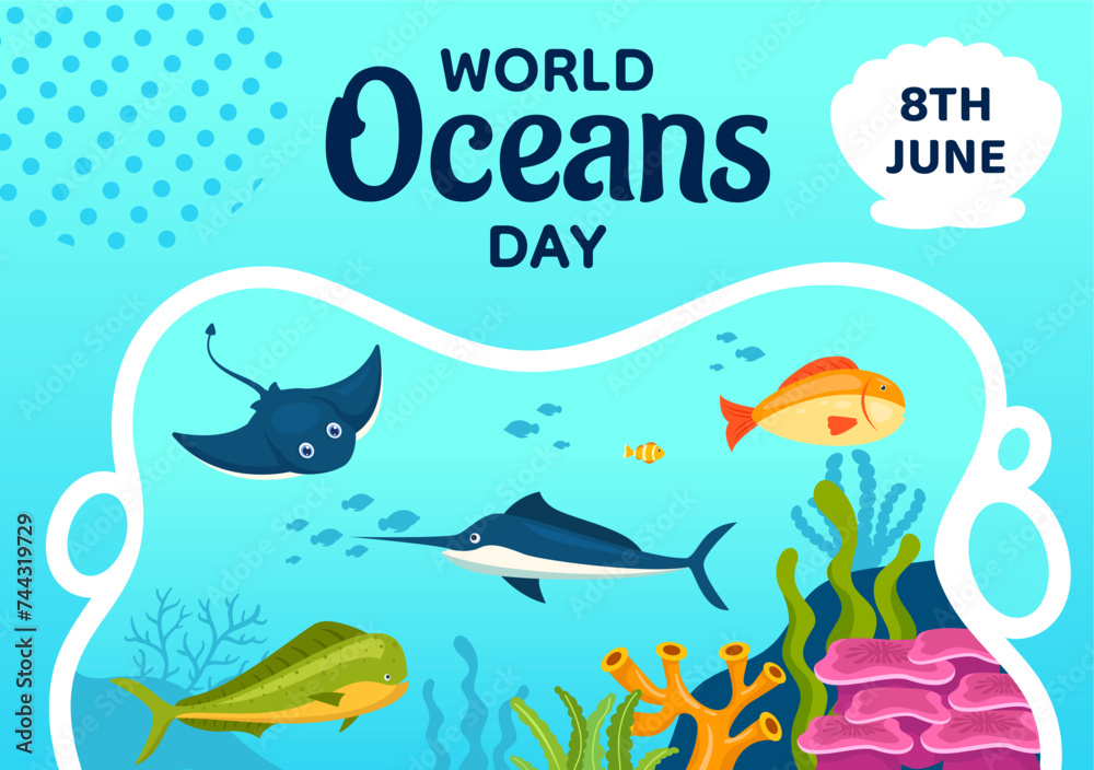 Naklejka premium Oceans Day Social Media Background Flat Cartoon Hand Drawn Templates Illustration