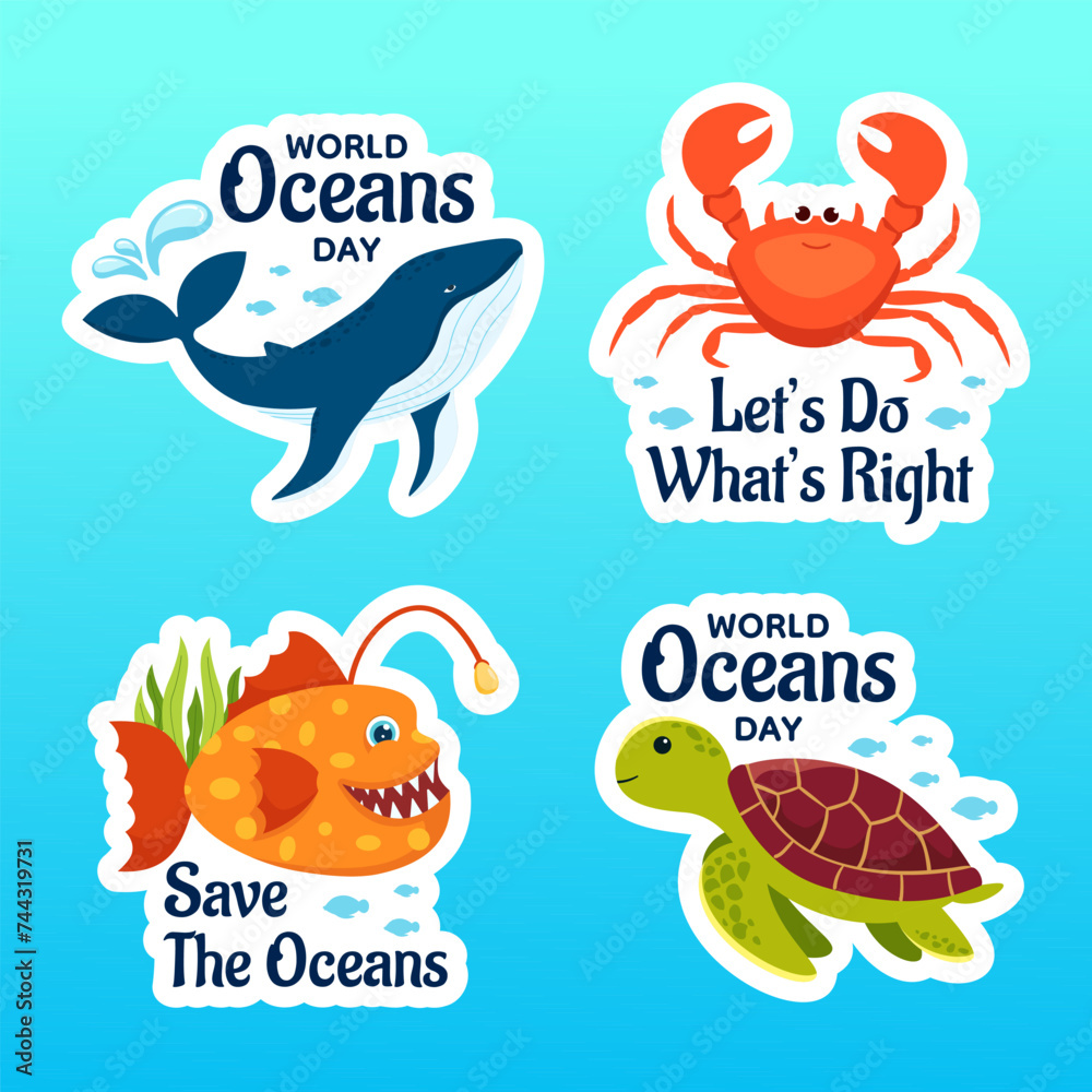 Oceans Day Label Flat Cartoon Hand Drawn Templates Background Illustration