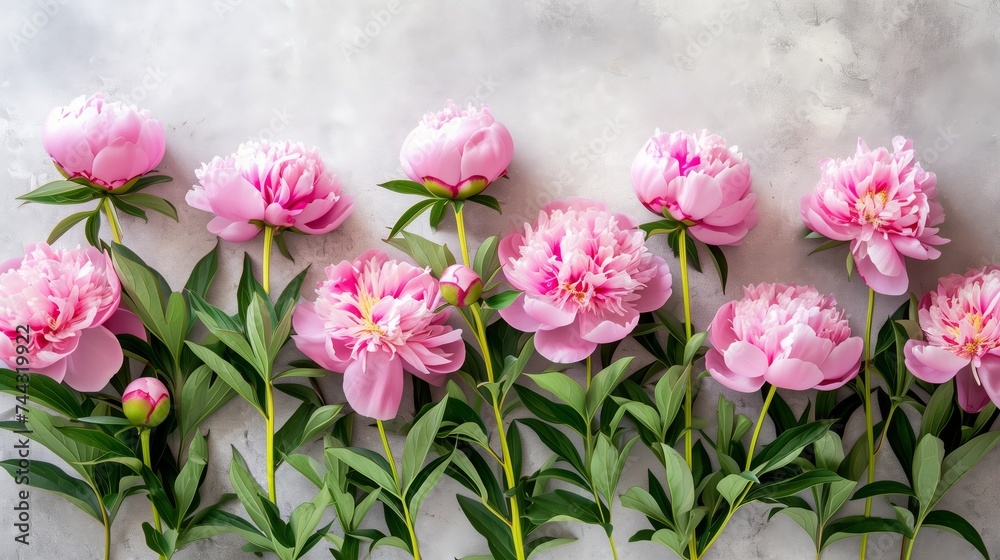 beautiful pink blooming peonies with green leaves on a gray background beautiful pink blooming peonies with green leaves on a gray background